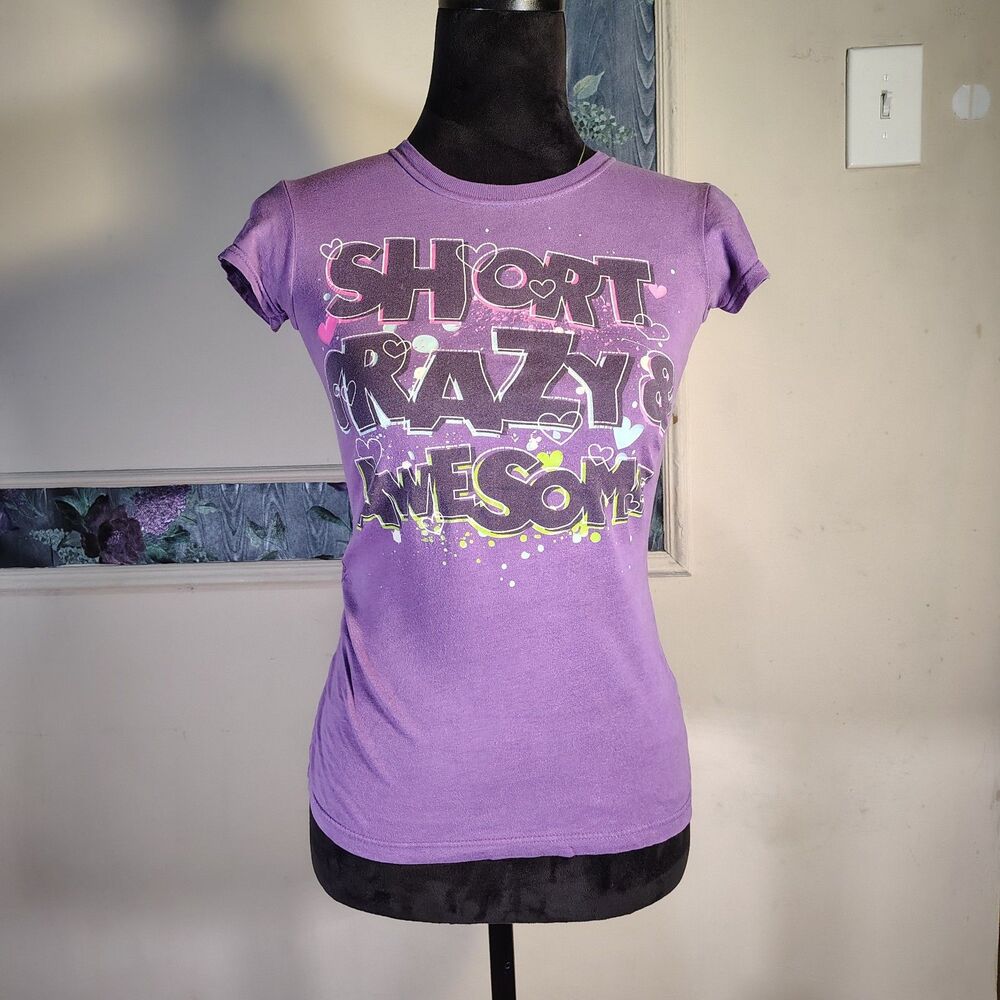 Y2K Graphic Spell Out Short Crazy & Awesome Wmns Tee Size XS/T529
